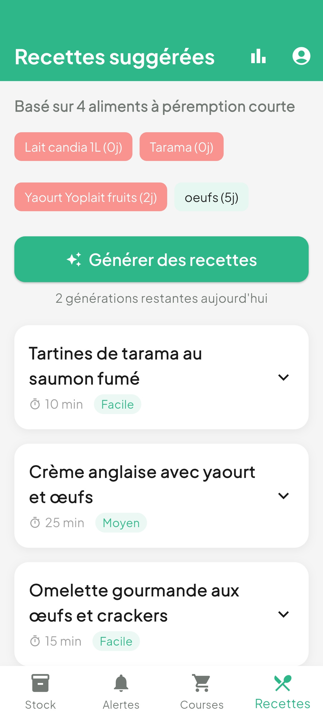 Recettes suggérées — IA recommande recettes avec aliments en stock