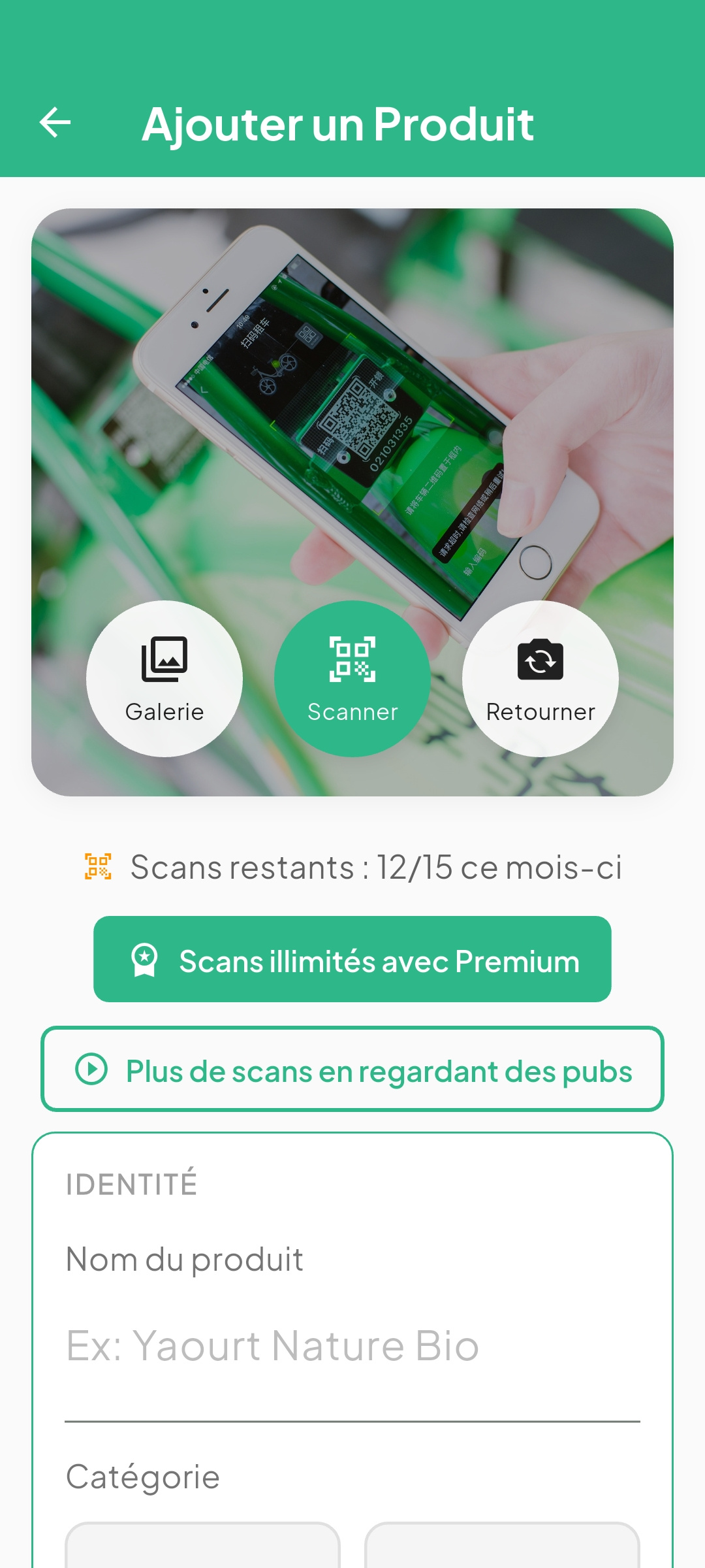 Ajouter un produit — scanner code-barres ou galerie